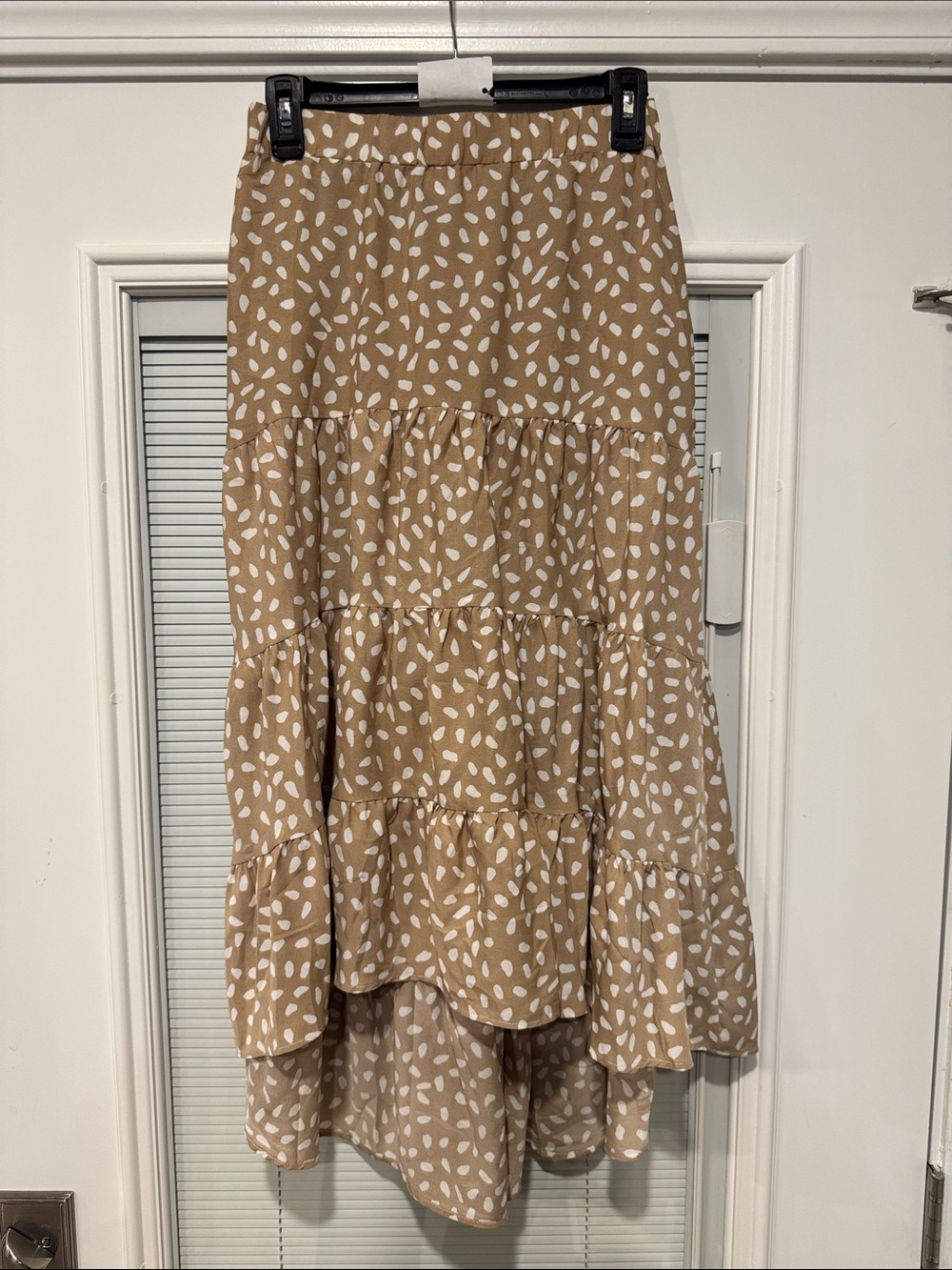 Tiered High-Low Polka Dot Midi Skirt in Tan